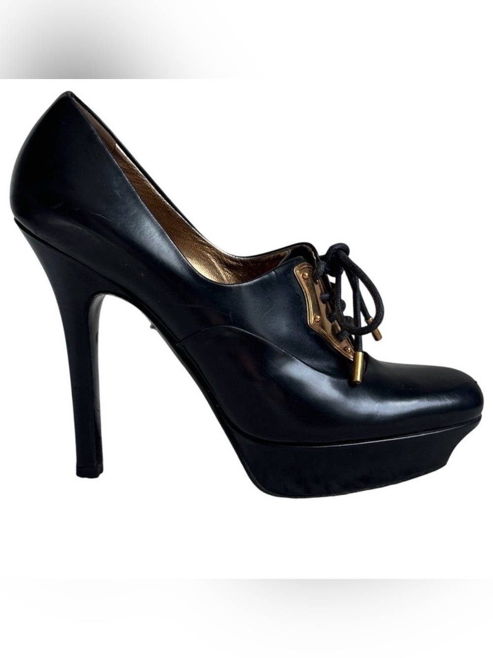 Gucci Vintage 188075 Black Leather Lace Up Platform Pumps Heels 8B